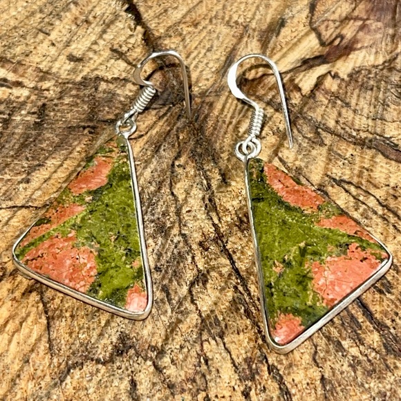 Triangular Unakite Jasper Earrings 1 1/2” - Picture 2 of 10